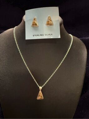 Sterling Silver Brown Triangle Stone Pendant Necklace with Matching Studs
